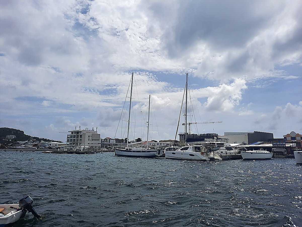 Boats moored on Simpson Bay Lagoon, Sint Maarten — one of the Caribbean's largest inland lagoons