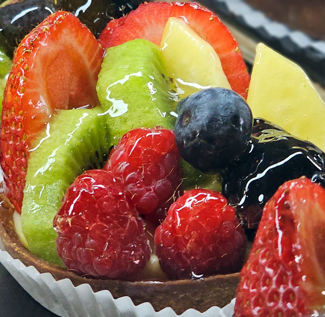 A full size glazed fruit tart made at La Sucriere in Sint Maarten