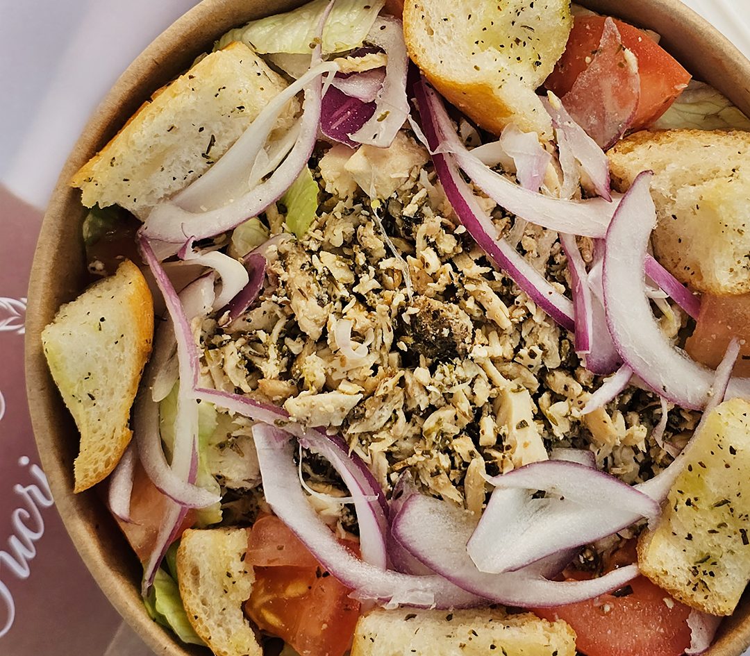Chicken salad bowl with croutons and creamy herb dressing at La Sucrière