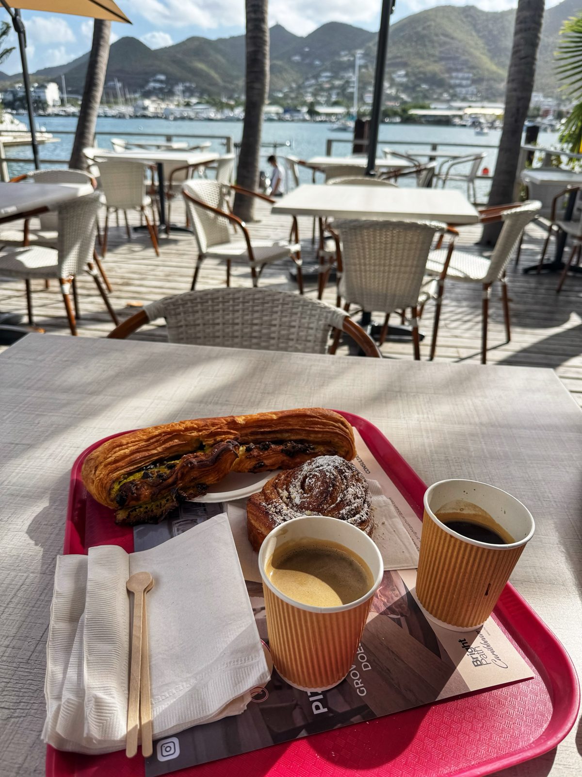 Breakfast on the lagoon view terrace in Simpson Bay